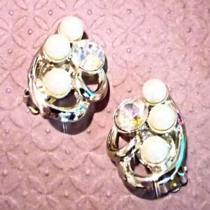 Vintage Silver Tone White Faux Pearl and Rhinestone Swirl Clip Earrings
